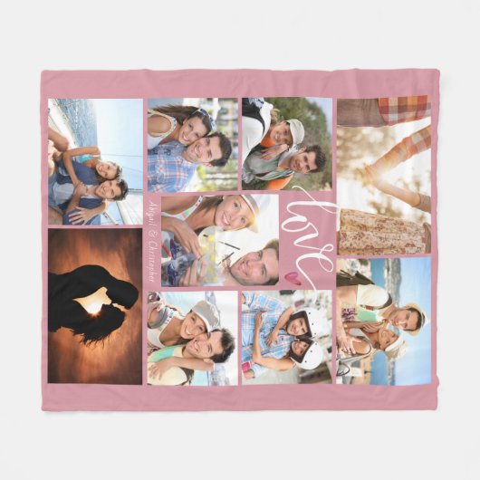 Modern Script LOVE Hart Fotocollage Roos Namen Fleece Deken (Voorkant (Horizontaal))
