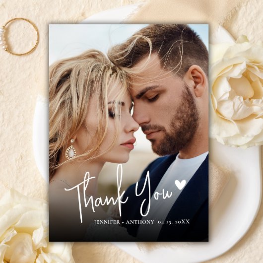 Modern Script Love Heart 2 foto bruiloft Dank u Bedankkaart