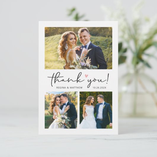 Modern Script Love Heart Weddenschap Photo Collage Bedankkaart (Staand voorkant)