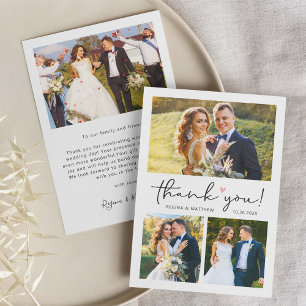 Modern Script Love Heart Weddenschap Photo Collage Bedankkaart