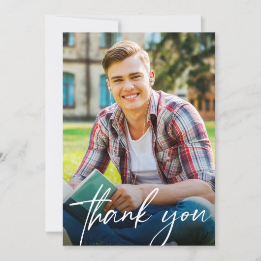 Modern Script Mannelijk Afstuderen Foto Afstuderen Bedankkaart (Voorkant)