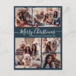 Modern Script Marine 5 Fotocollage Kerstmis Briefkaart<br><div class="desc">Elegant, Modern Navy 5 Fotocollage Vakantie Script Kerst Familie Foto Briefkaarten. Deze feestelijke, minimalistische, grillige vijf (5) foto vakantie wenskaart sjabloon beschikt over een grid fotocollage en zegt "Vrolijk kerstfeest"! De begroetingstekst "Merry Christmas" is geschreven in een prachtig handgeschreven swirly swash-tail wit lettertype script op stoffige navy blauwe kleur achtergrond....</div>