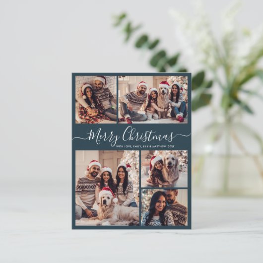 Modern Script Marine 5 Fotocollage Kerstmis Briefkaart (Staand voorkant)