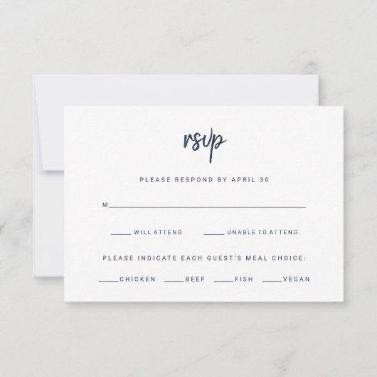 Modern Script Marine Blauw | Bruiloft Maaltijd Keu RSVP Kaartje (Achterkant)