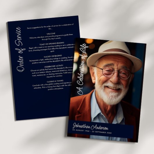 Modern Script Marine Blauw & Wit Begrafenis / Memo Programmakaart