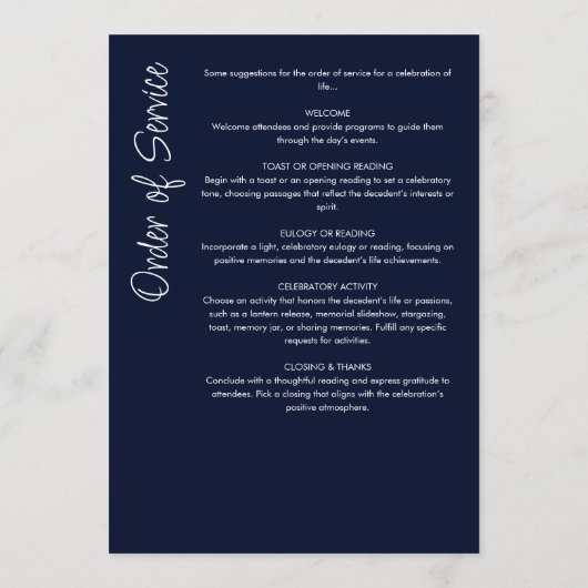 Modern Script Marine Blauw & Wit Begrafenis / Memo Programmakaart (Achterkant)