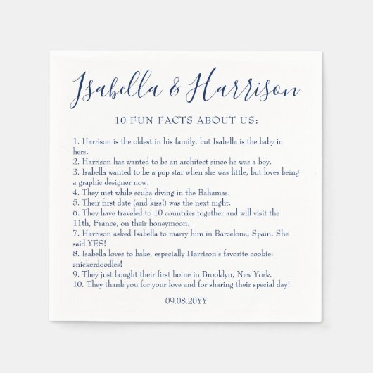 Modern Script Marine Blue Fun Facts Trouwservetten Servet (Voorkant)