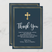 Modern Script Marine en Goud Blauw Doop Bedankkaart (Voorkant / Achterkant)