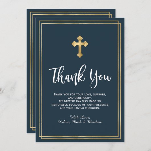 Modern Script Marine en Goud Blauw Doop Bedankkaart (Voorkant / Achterkant)