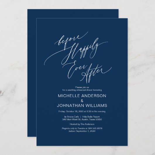Modern script, marineblauw, bruiloft repetitie din kaart (Voorkant / Achterkant)