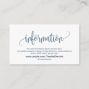 Modern script, marineblauw lettertype, onze trouwd informatiekaartje