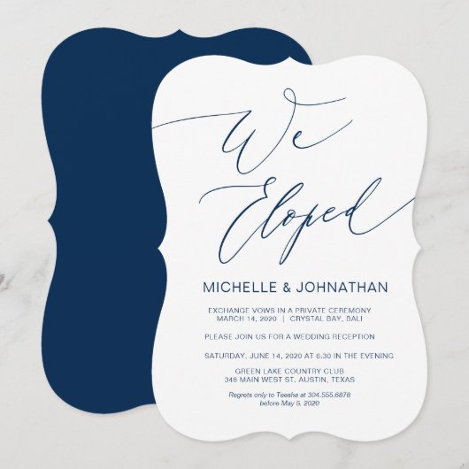 Modern script, marineblauw, trouw elopement kaart (Voorkant / Achterkant)