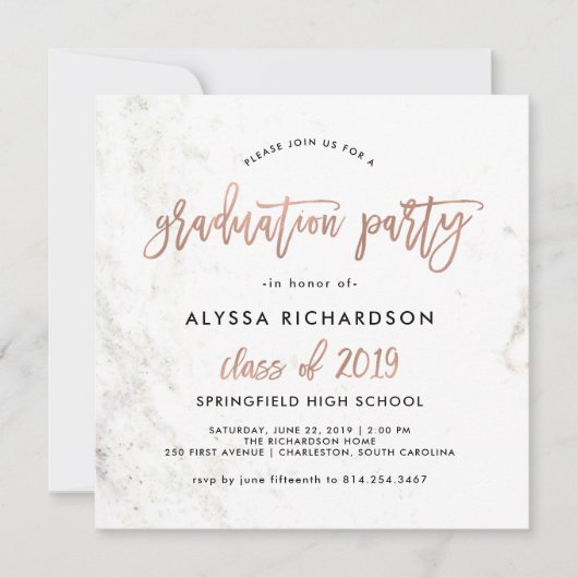 Modern script | Marmeren Graduation Party Roos Gol Kaart (Voorkant)