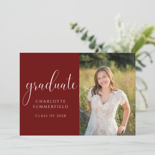Modern Script Maroon Afstuderen Foto Kaart (Staand voorkant)