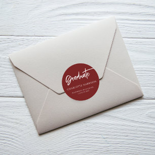 Modern Script Maroon White Afstuderen Ronde Sticker