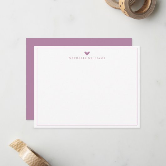 Modern Script Mauve Hart Rand Monogram Notitiekaartje (Voorkant / Achterkant in situ)