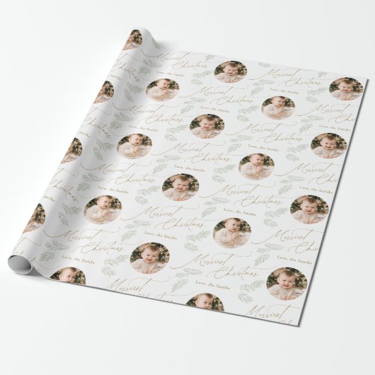 Modern Script Merriest Christmas Family 2 photo Cadeaupapier (Uitgerold)