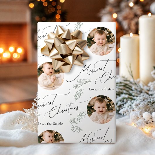 Modern Script Merriest Christmas Family 2 photo Cadeaupapier
