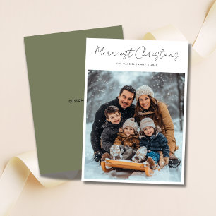 Modern Script Merriest Christmas Olive Green Foto Feestdagenkaart