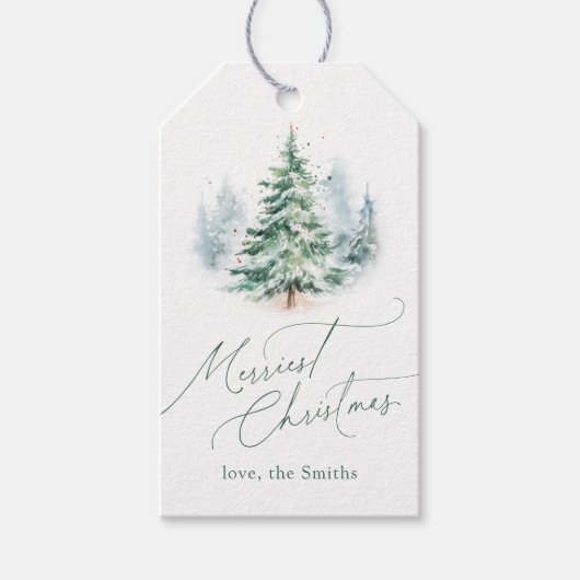 Modern Script Merriest Christmas Pine Tree Cadeaulabel (Voorkant)