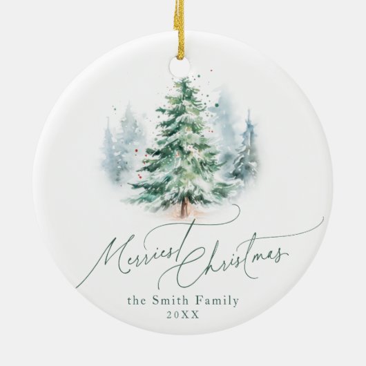 Modern Script Merriest Christmas Pine Tree Keramisch Ornament (Achterkant)