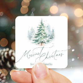 Modern Script Merriest Christmas Pine Tree Vierkante Sticker