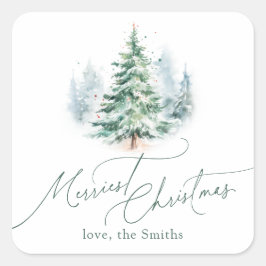 Modern Script Merriest Christmas Pine Tree Vierkante Sticker