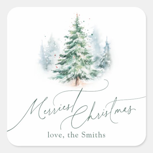 Modern Script Merriest Christmas Pine Tree Vierkante Sticker (Voorkant)
