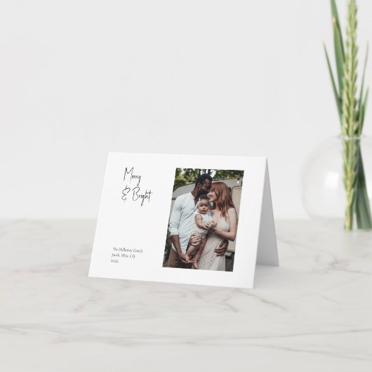 Modern script, Merry & Bright Folded Single Photo Feestdagen Kaart (Voorkant)