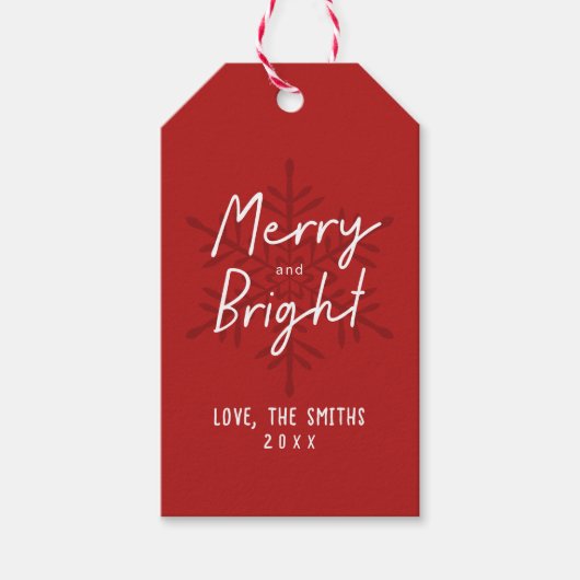 Modern Script Merry & Bright Snowflakes Christmas Cadeaulabel (Voorkant)