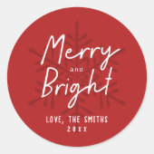 Modern Script Merry & Bright Snowflakes Christmas Ronde Sticker (Voorkant)