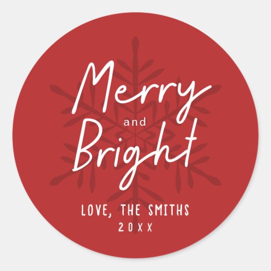 Modern Script Merry & Bright Snowflakes Christmas Ronde Sticker (Voorkant)