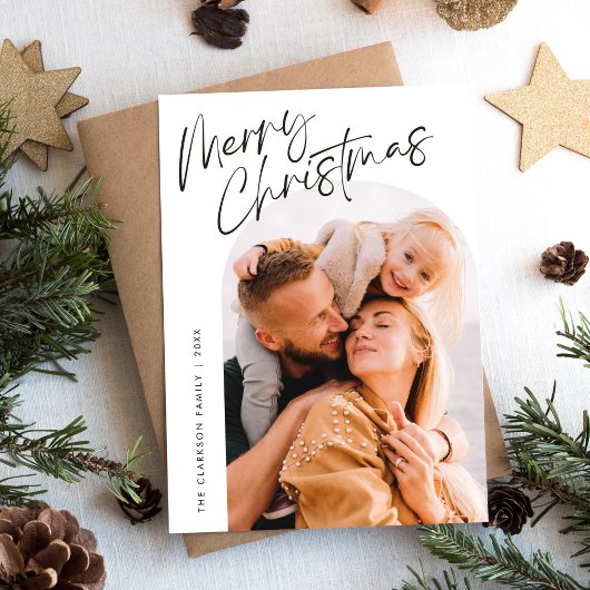 Modern Script Merry Christmas Arch 2 Foto Feestdagenkaart