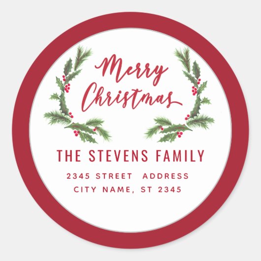 Modern script Merry Christmas rood holly Label (Voorkant)