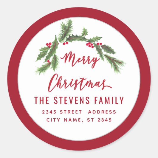 Modern script Merry Christmas rood holly Label (Voorkant)
