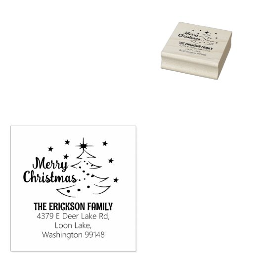 Modern Script Merry Christmas Tree Retouradres Rubberstempel (Gestempeld)