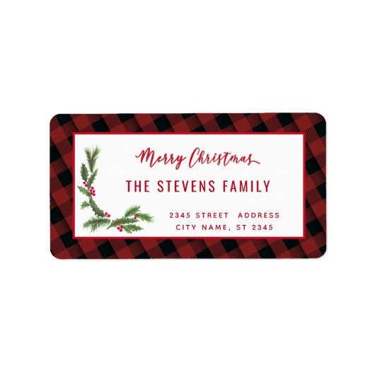 Modern script Merry Kerstred plaid holly Labe Etiket (Voorkant)