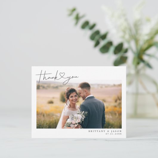 Modern script met hart bruiloft dank u foto briefkaart (Staand voorkant)