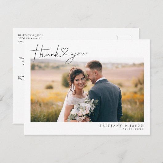 Modern script met hart bruiloft dank u foto briefkaart (Voorkant / Achterkant)