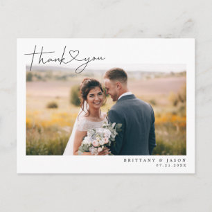 Modern script met hart bruiloft dank u foto briefkaart