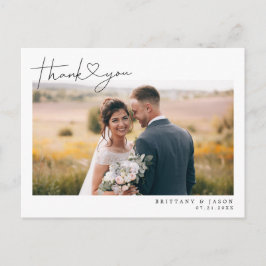 Modern script met hart bruiloft dank u foto briefkaart