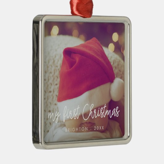 Modern script Mijn eerste kerstfoto baby Metalen Ornament (Rechts)