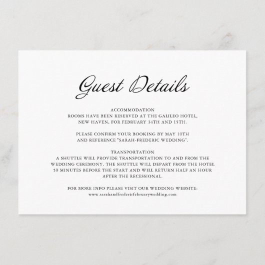 Modern Script Minimaal Wit Bruiloft Gast Details Informatiekaartje (Voorkant)