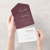 Modern Script Minimal Burgundy Wedding All In One Uitnodiging (Afscheurbaar)