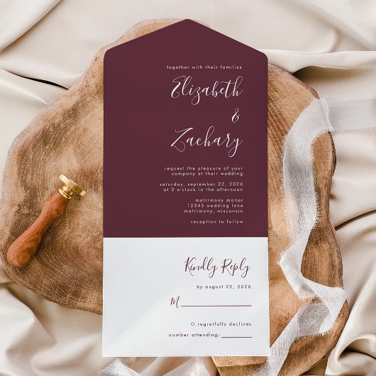 Modern Script Minimal Burgundy Wedding All In One Uitnodiging