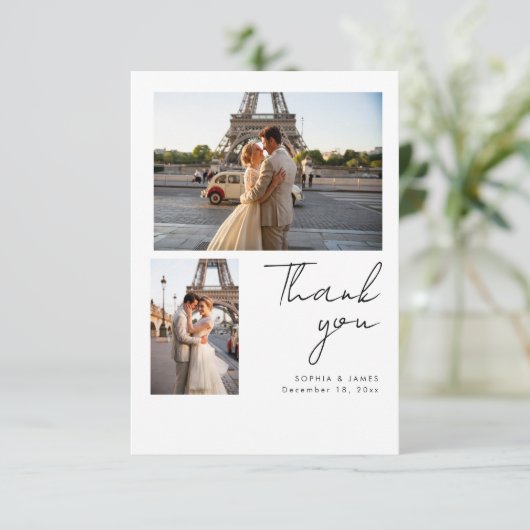Modern Script Minimal Destination Photo Wedding Bedankkaart (Staand voorkant)