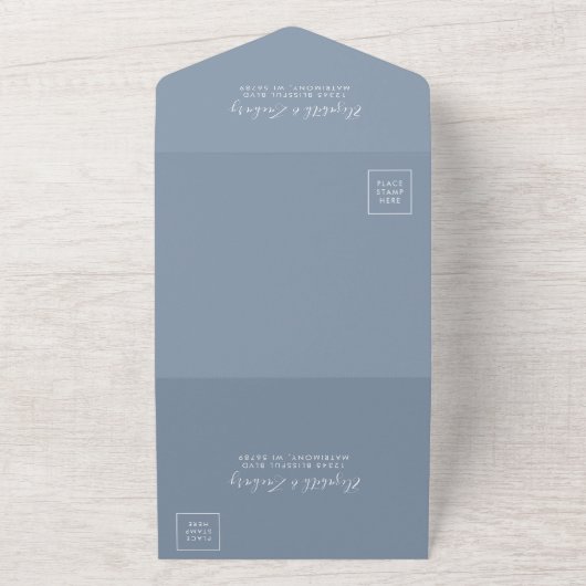 Modern Script Minimal Dusty Blue Wedding All In One Uitnodiging (Buitenkant)
