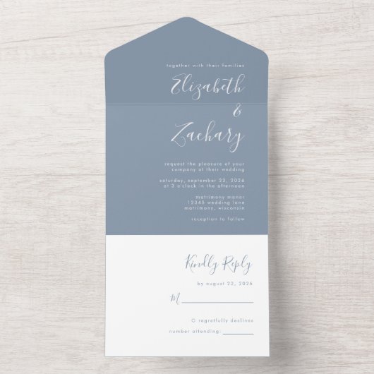 Modern Script Minimal Dusty Blue Wedding All In One Uitnodiging (Binnen)