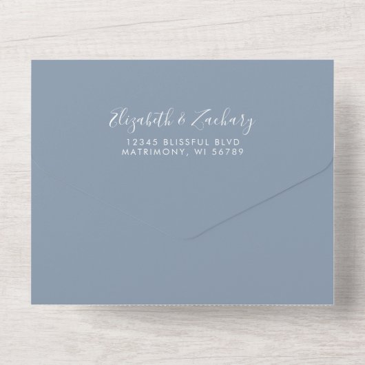 Modern Script Minimal Dusty Blue Wedding All In One Uitnodiging (Achterkant)