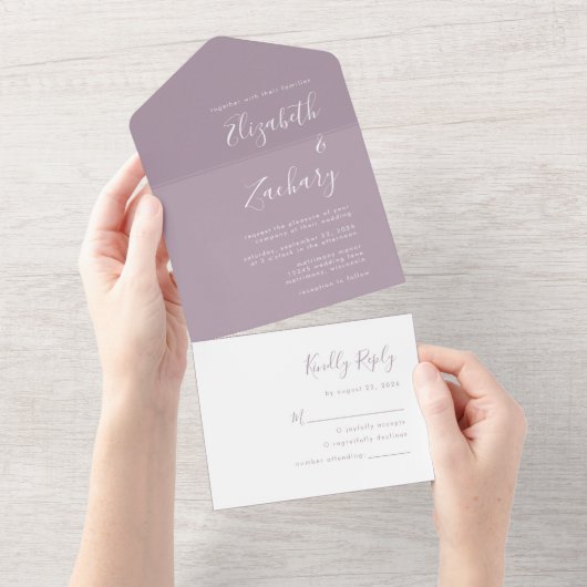 Modern Script Minimal Dusty Lavender Wedding All In One Uitnodiging (Afscheurbaar)